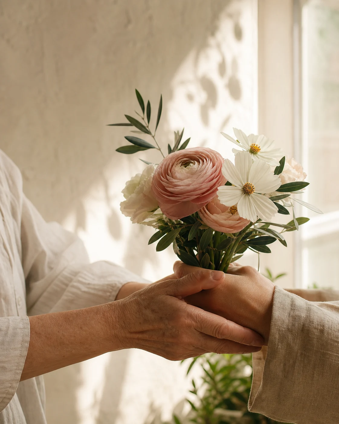 Dos personas acompañándose mientras sostienen flores